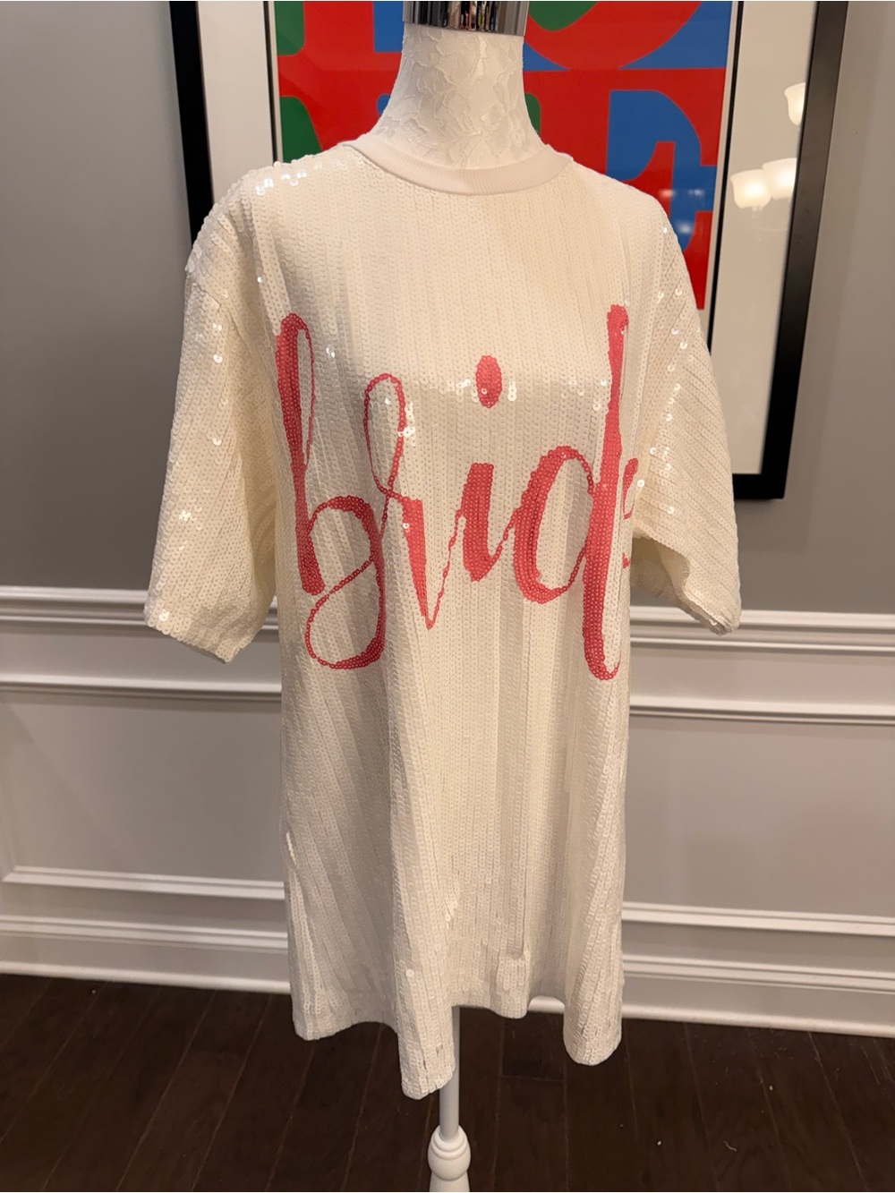 Sequin 'Bride' Mini Dress in White with Pink Script